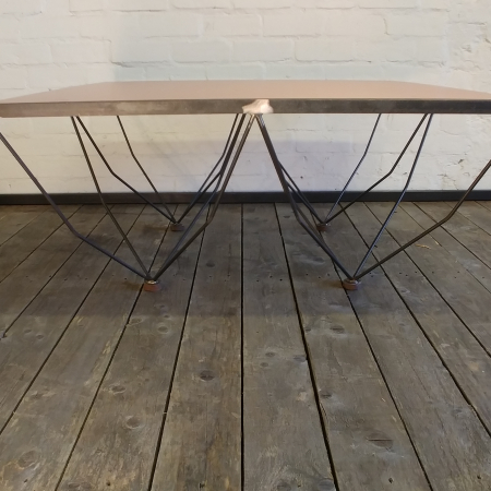 bespoke contract furniture fine cranked metal leg detail inset copper top blacken steel frame coffee table