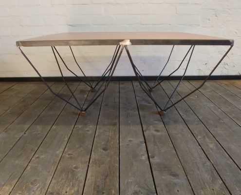 bespoke contract furniture fine cranked metal leg detail inset copper top blacken steel frame coffee table
